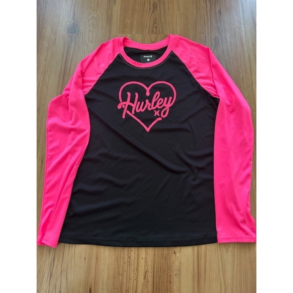 Hurley Girls Rashguard UPF 50+ Black Pink Long‎ Sleeve Swim Top